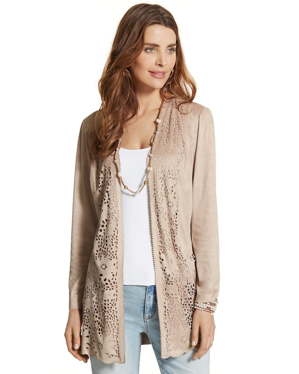 Faux-Suede Perforated Duster Jacket