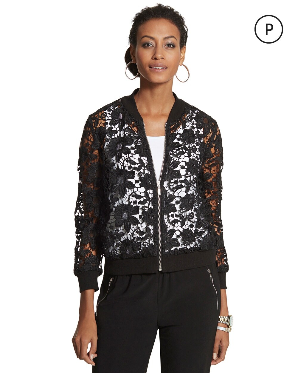 Petite Allover Lace Bomber Jacket