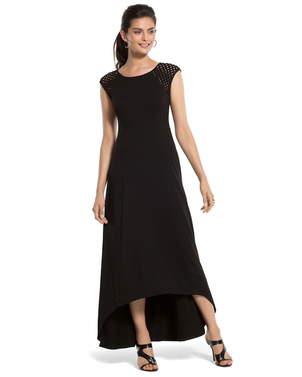 Lattice-Shoulder Black Maxi Dress
