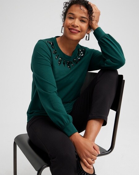 Shop Chico's Rhinestone Neck Sweatshirt Top In Green Size 4/6 |  Zenergy
