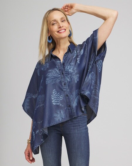Shop Chico's Floral Button Front Poncho In Blue Size Small/medium |