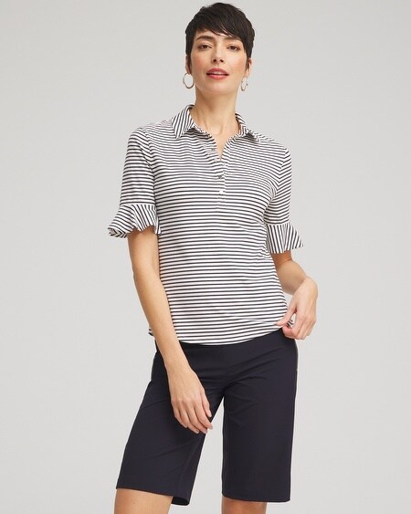Shop Chico's Upf Sun Protection Knit Stripe Ruffle Polo Top In Navy Blue Size 20/22 |  Zenergy Activewear
