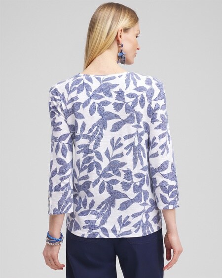 Shop Chico's Leaf Print 3/4 Sleeve Button Tee In Navy Blue Size 16/18 |