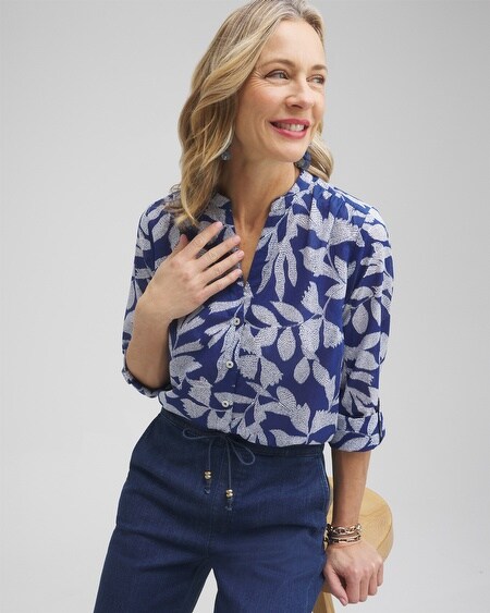 Shop Chico's Cotton Leaf Print Shirt In Blue Size 20/22 |  In Evening Eclipse