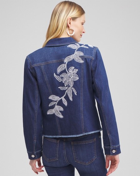 Shop Chico's Fray Hem Embroidered Jean Jacket In Medium Wash Denim Size Xl |  In Morwenna Indigo