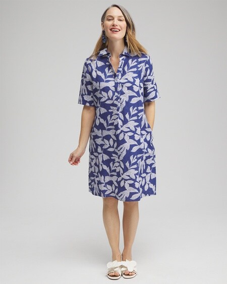 Shop Chico's Linen Leaf Print Popover Dress In Blue Size 6 |  In Evening Eclipse