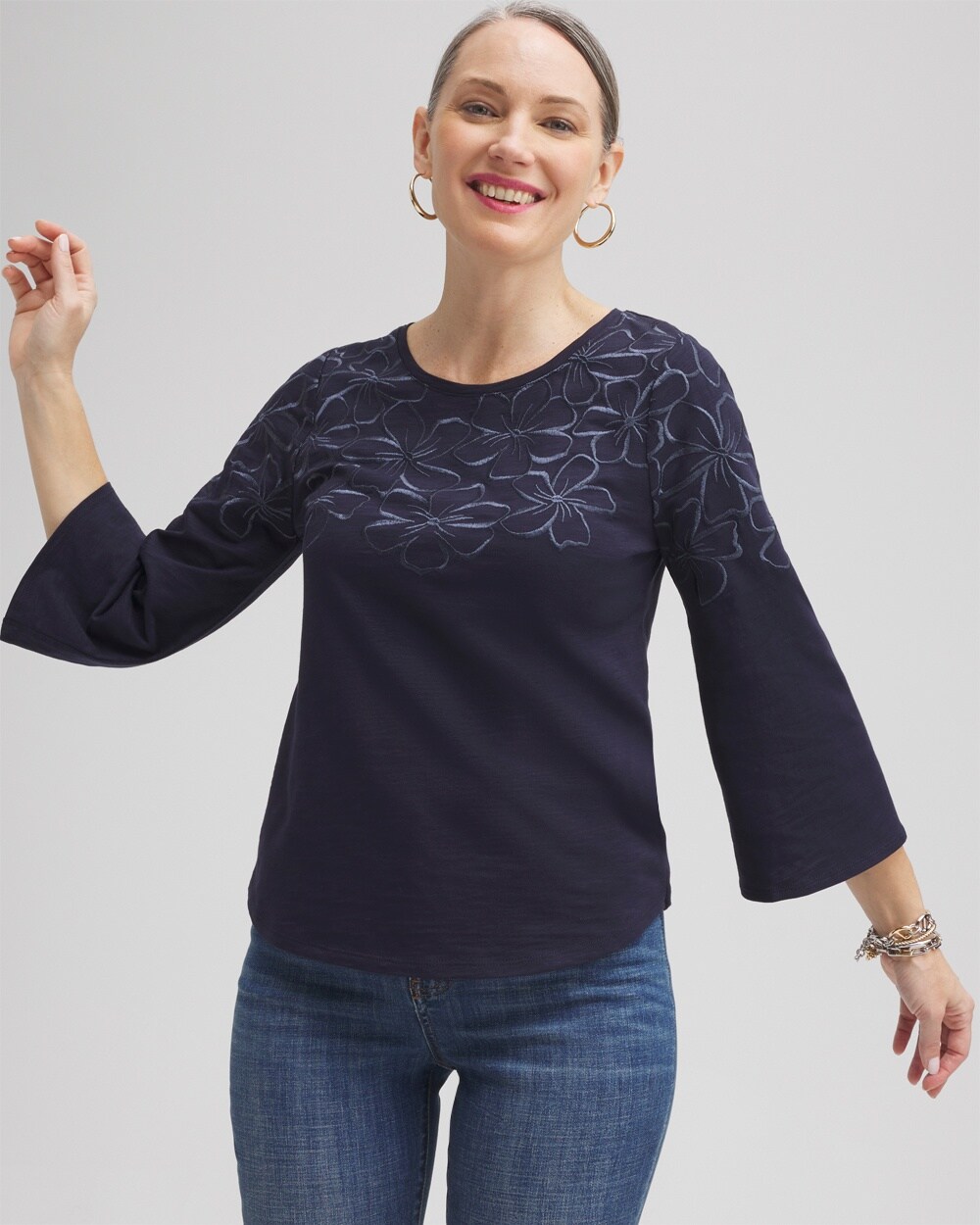 Floral Embroidered 3/4 Sleeve Top