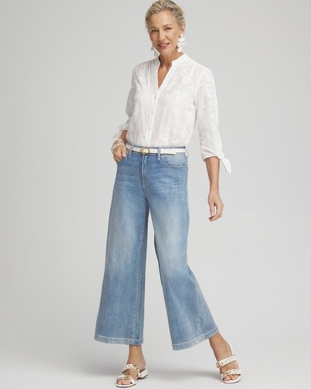 Shop Chico's High Rise Wide Leg Denim Cropped Capri Jeans In Beach Road Indigo Size 10p |