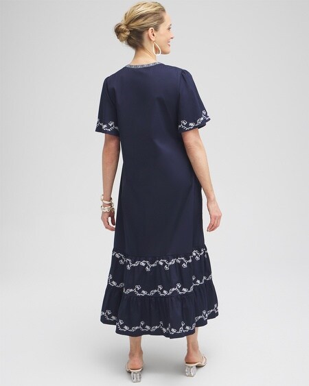 Shop Chico's Poplin Embroidered Maxi Dress In Navy Blue Size 16/18 |