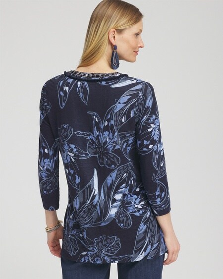 Shop Chico's Linen Floral Embellished Tunic Top In Navy Blue Size 16/18 |
