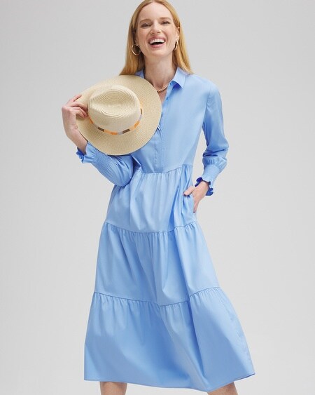 Shop Chico's Poplin Tiered Shirt Dress In Blue Size 0/2-xs |