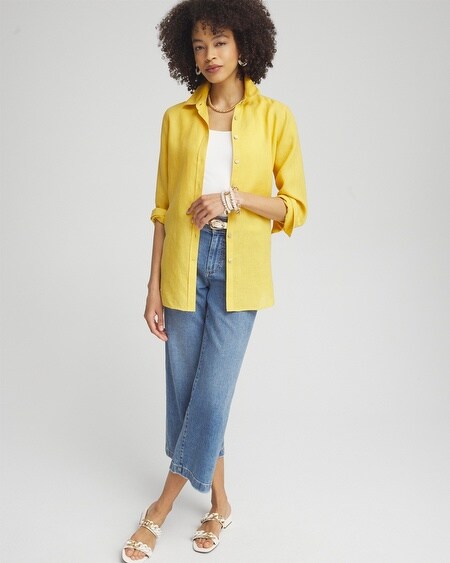 Shop Chico's No Iron&#8482 Linen 3/4 Sleeve Shirt In Yellow Size Large |