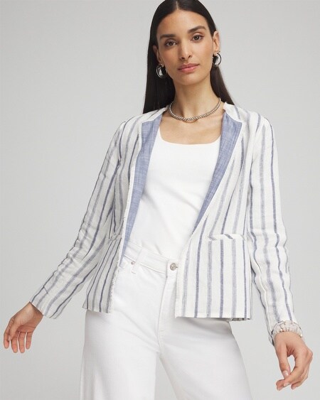 Shop Chico's Stripe Linen Frayed Jacket In White Size Xl |