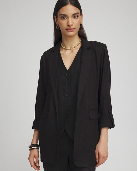 Shop Chico's Linen Blend Stretch Roll Tab Blazer In Black Size Small |