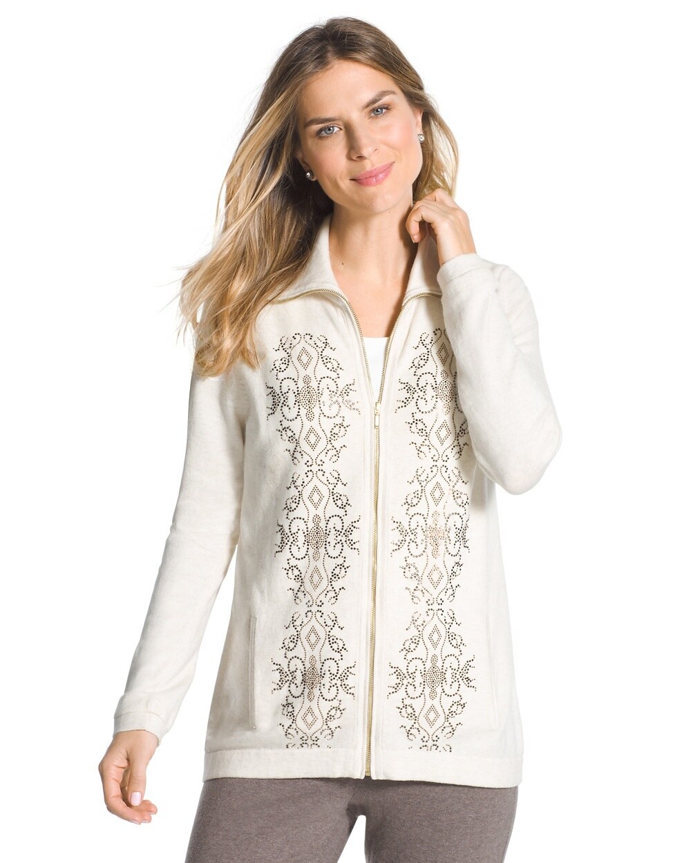 Zenergy Cotton Cashmere Embellished-Front Jacket in Oatmeal