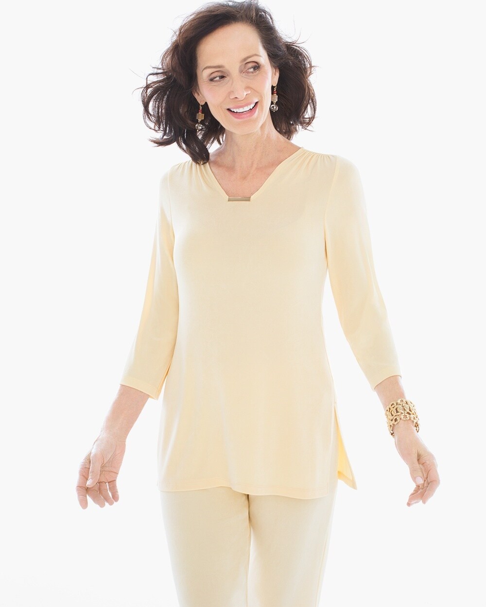 Travelers Classic Embellished V-Neck Top in Seawhip Yellow