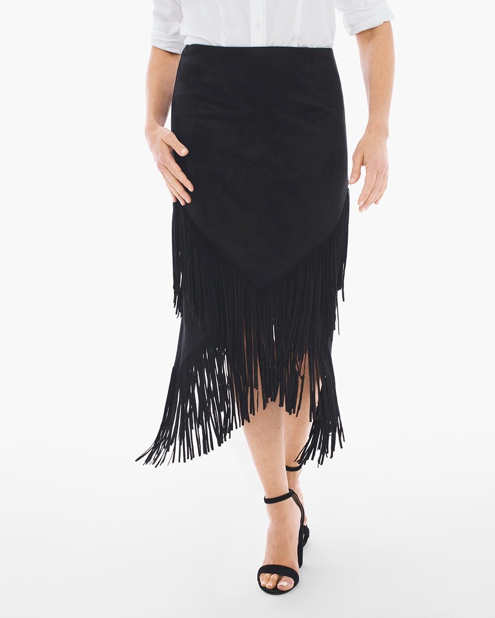 Faux-Suede Fringed Midi Skirt in Black