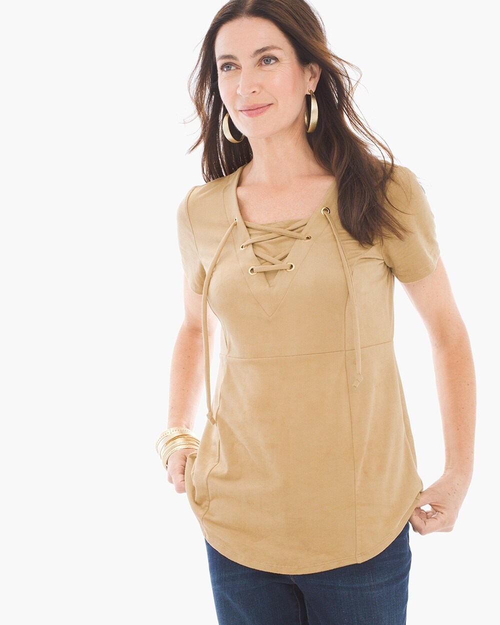 Lace-up Faux-Suede Top in Maple Nut