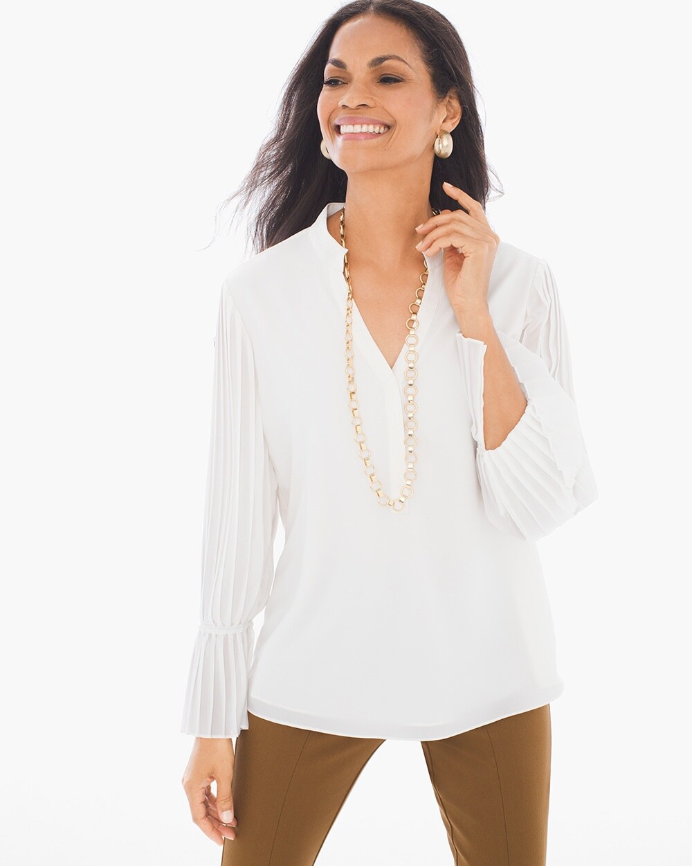 Pleated-Sleeve Peasant Top in Antique White