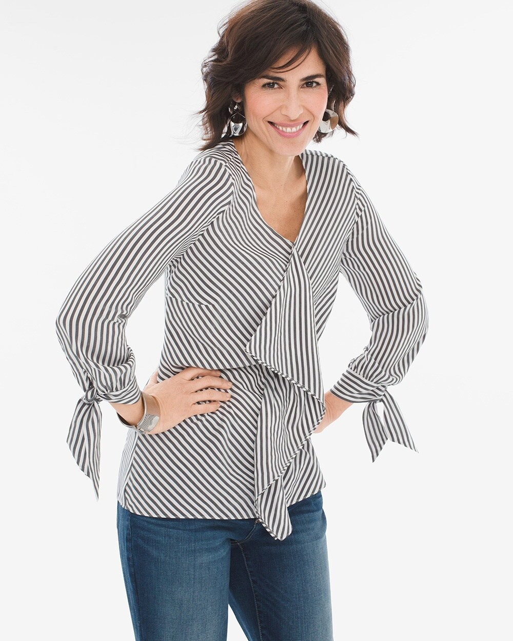 Striped Ruffle-Front Tie-Sleeve Top