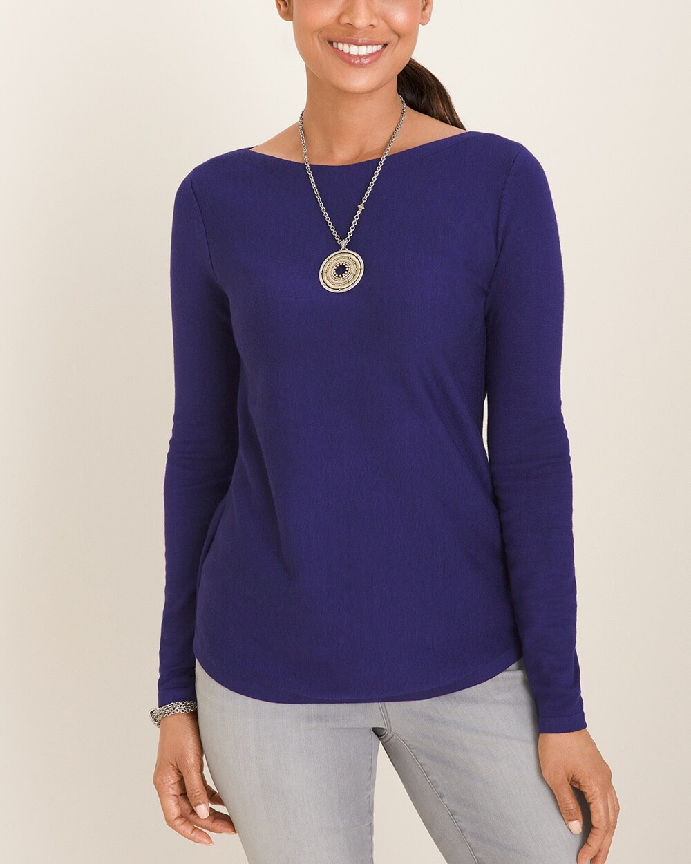 Bateau-Neck Shirttail-Hem Pullover Sweater