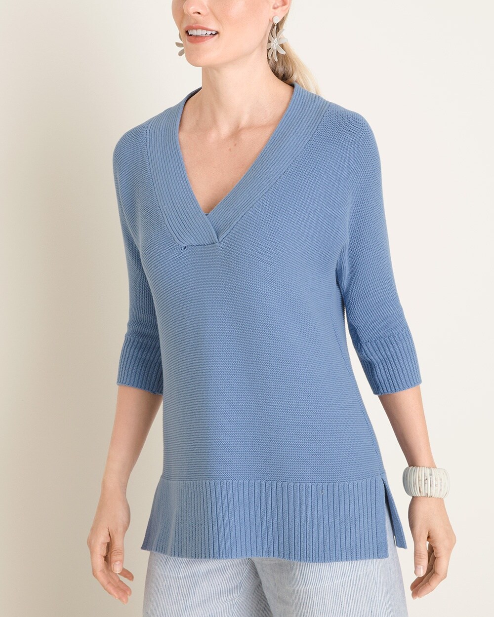 V-Neck Elbow-Sleeve Pullover Sweater