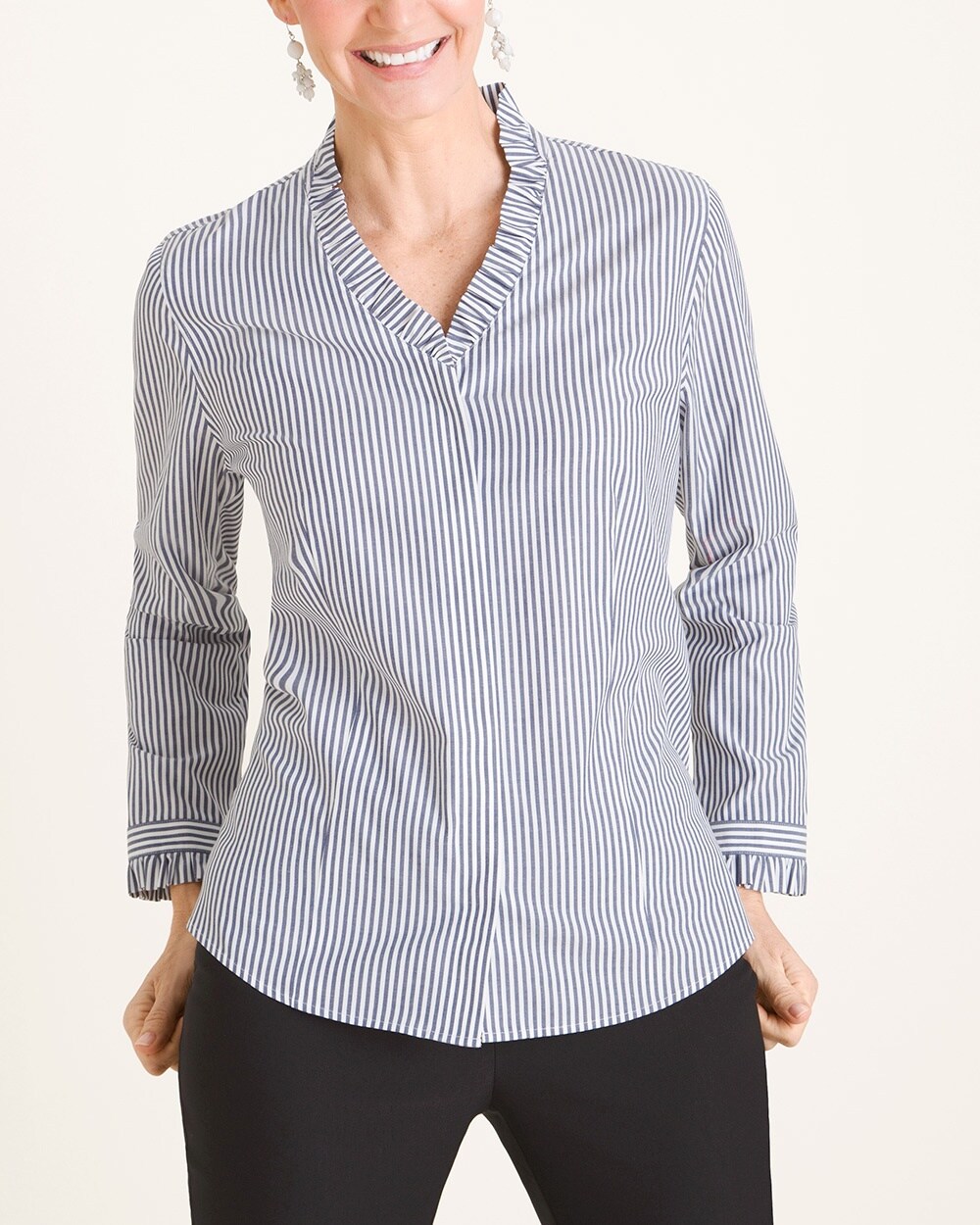 No-Iron Cotton-Blend Striped Ruffle-Detail Shirt