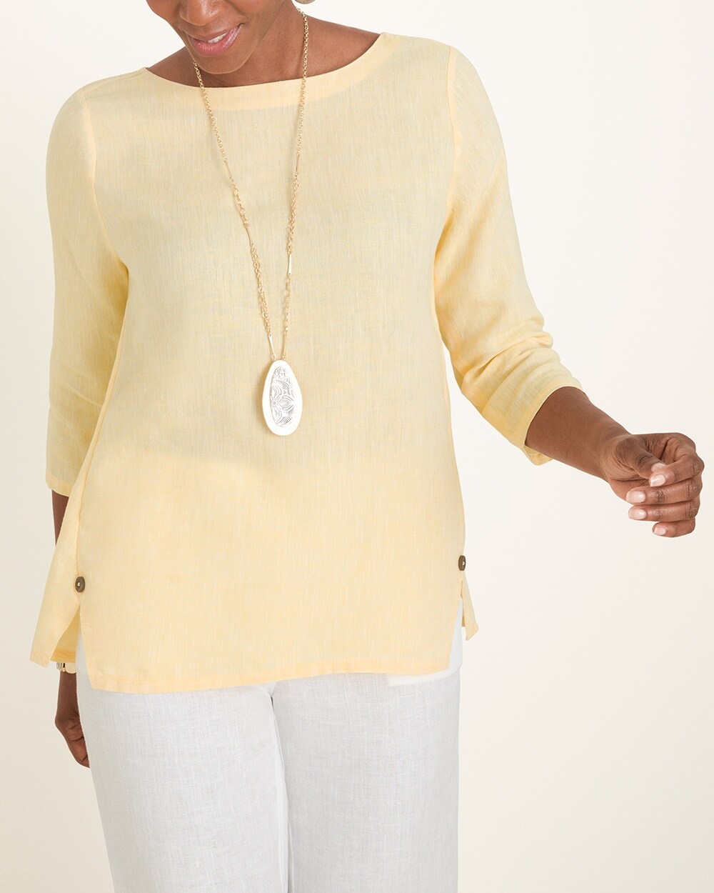 No-Iron Linen Notched Button Pullover