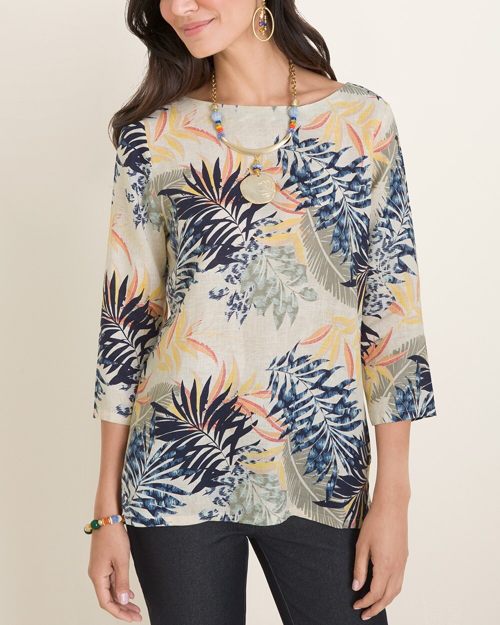 No-Iron Linen Palm-Print Side-Button Pullover