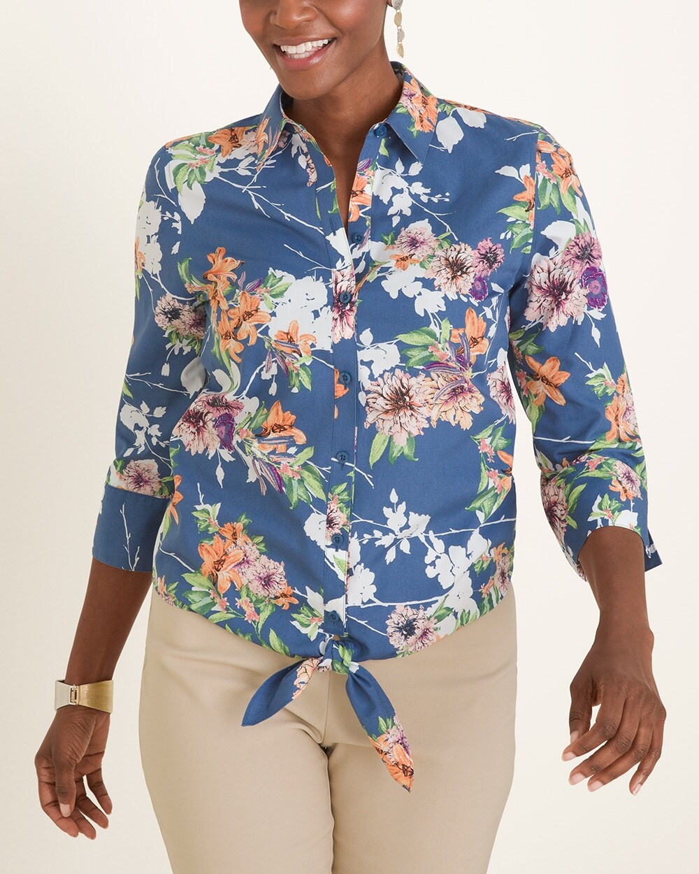 No-Iron Cotton Bloom-Print Tie-Front Shirt