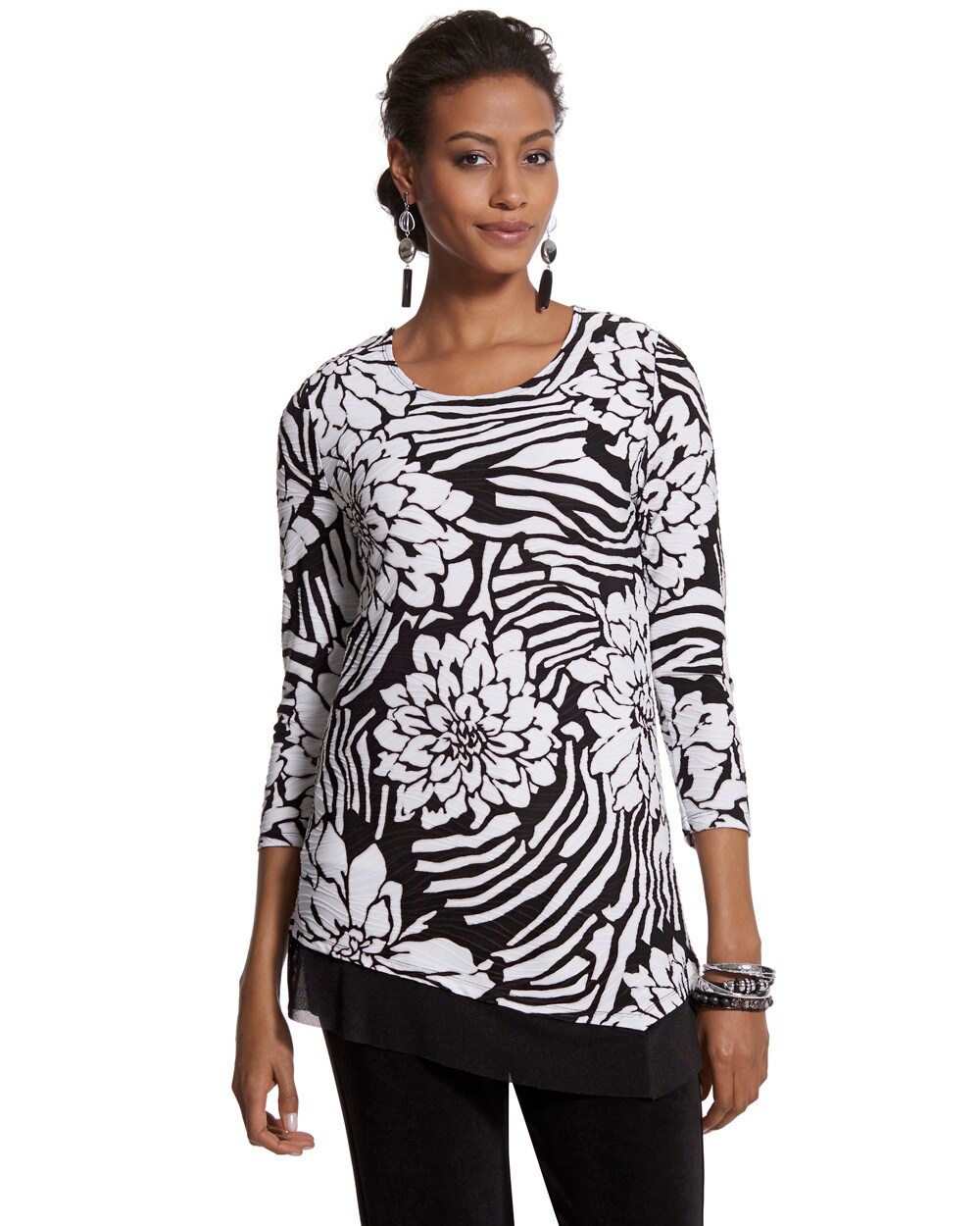Travelers Collection Animal Floral Mesh Trim Top