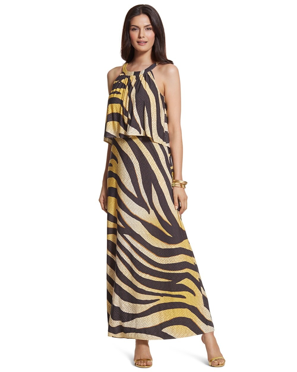 Golden Zebra-Print Maxi Dress