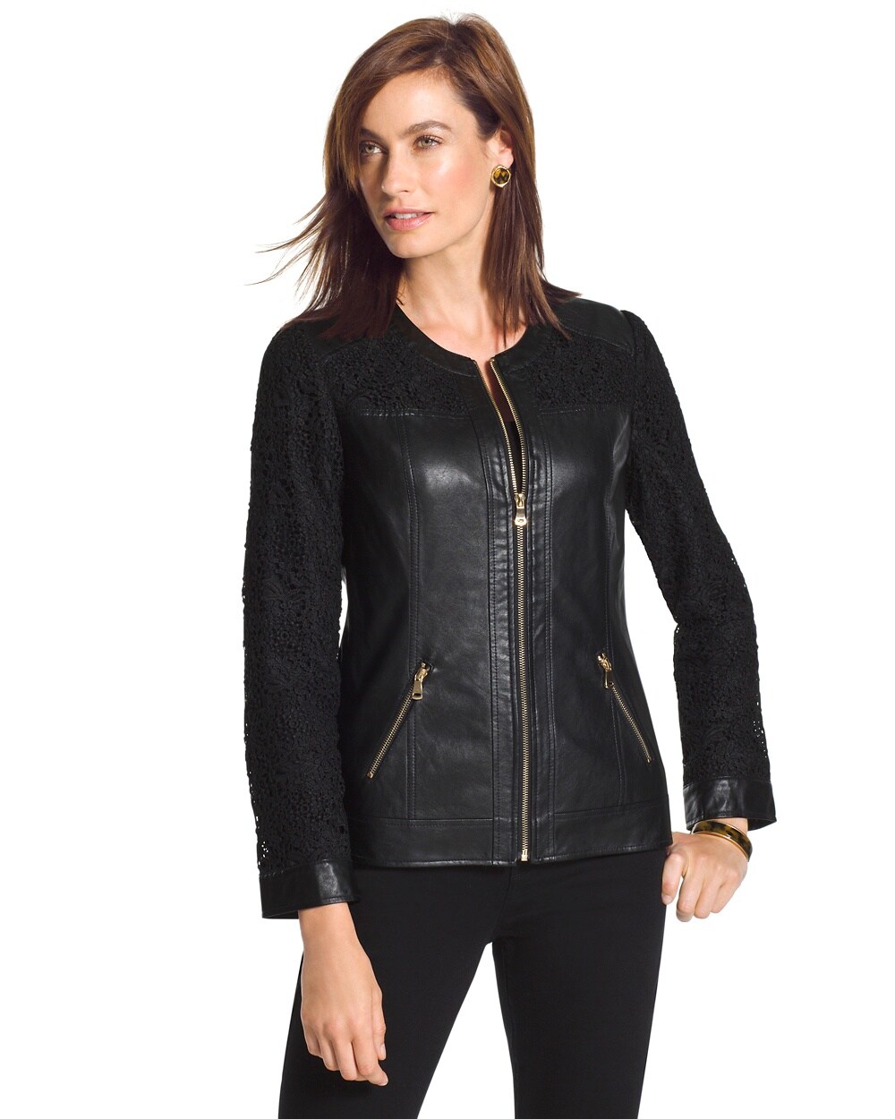 Faux-Leather Lace-Pieced Jacket