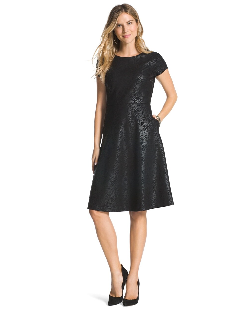 Embossed Fit-and-Flare Black Dress
