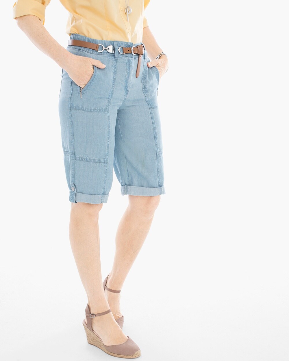 Casual Roll-Cuff Shorts in Chambray - 11 Inch Inseam