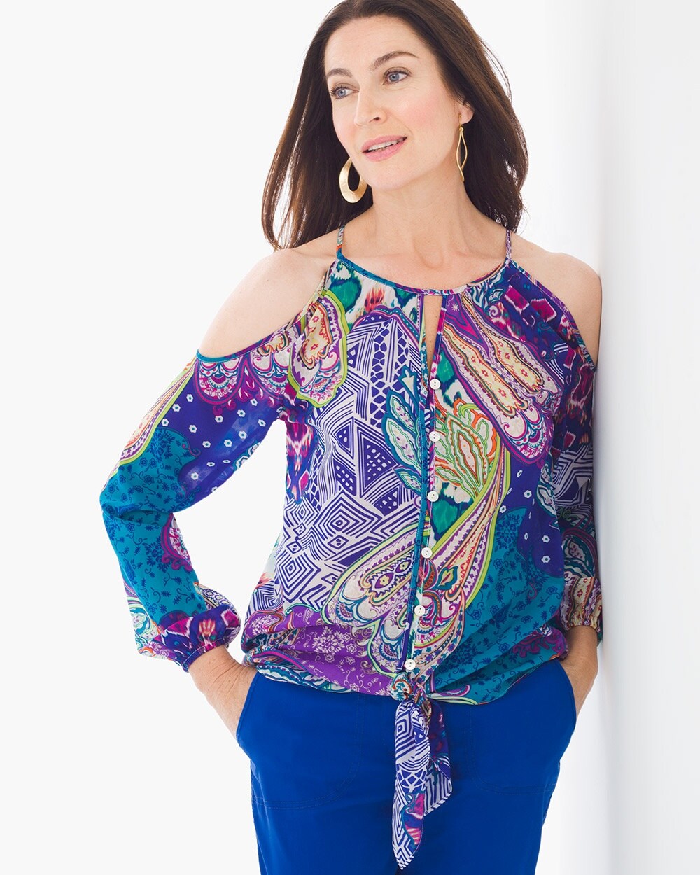 Whimsy Cold-Shoulder Tie-Front Top