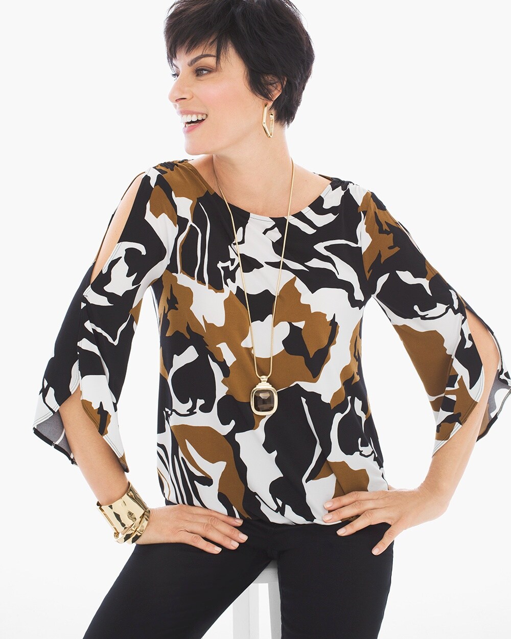 Abstract Floral Cold-Shoulder Top