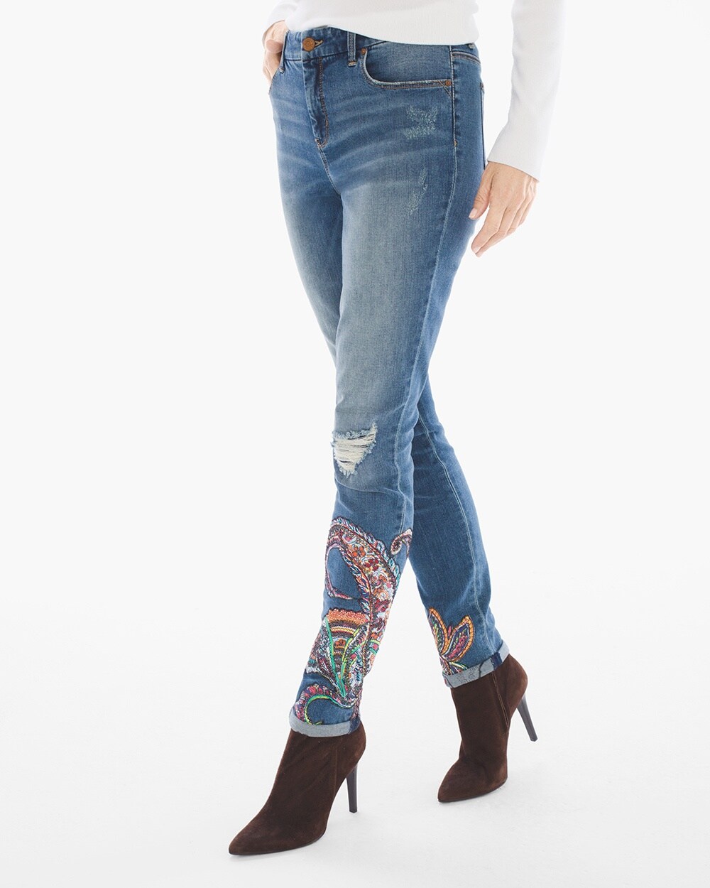 So Slimming Paisley-Crafted Girlfriend Ankle Jeans