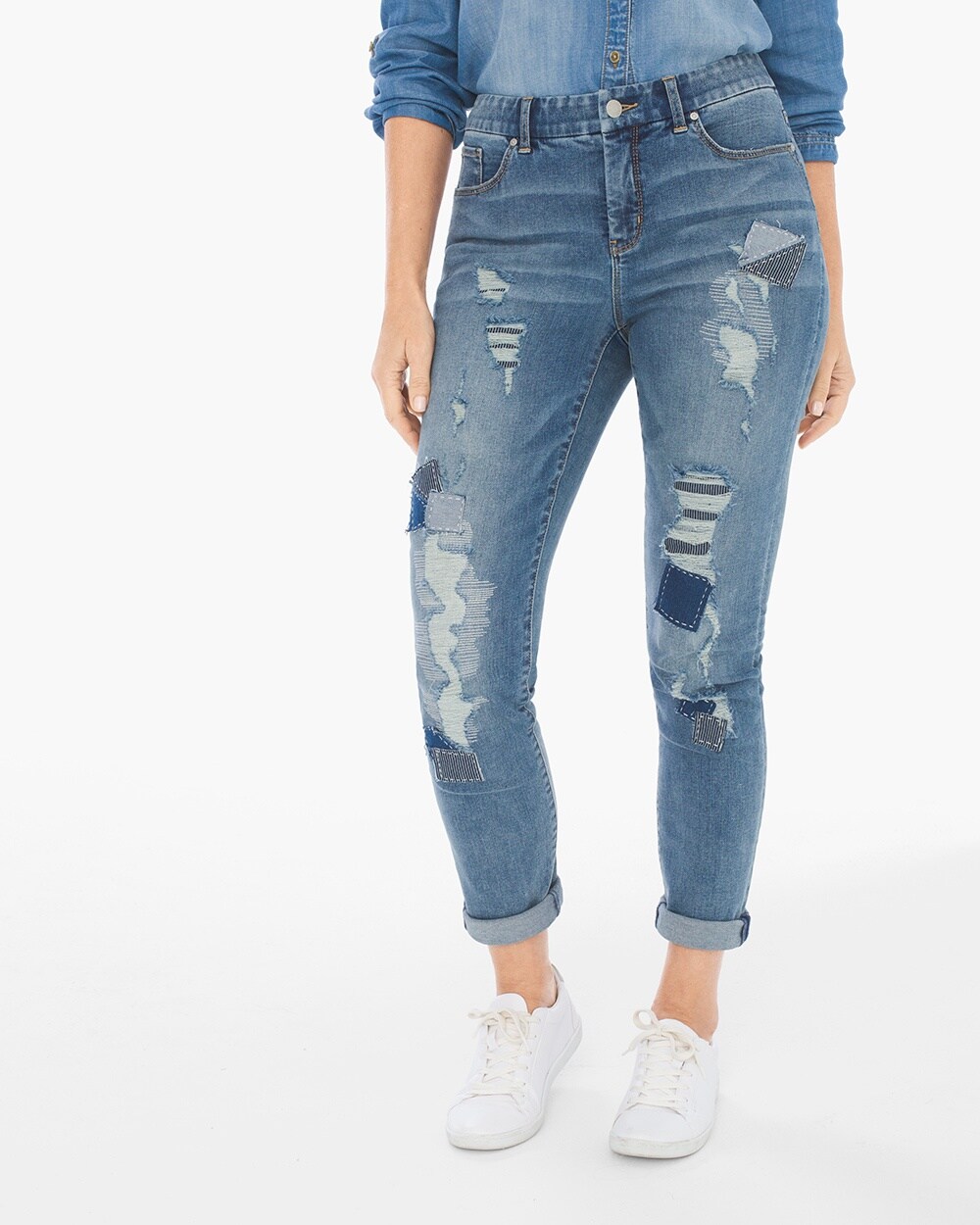 So Slimming Destroyed Patchwork Girlfriend Ankle Jeans