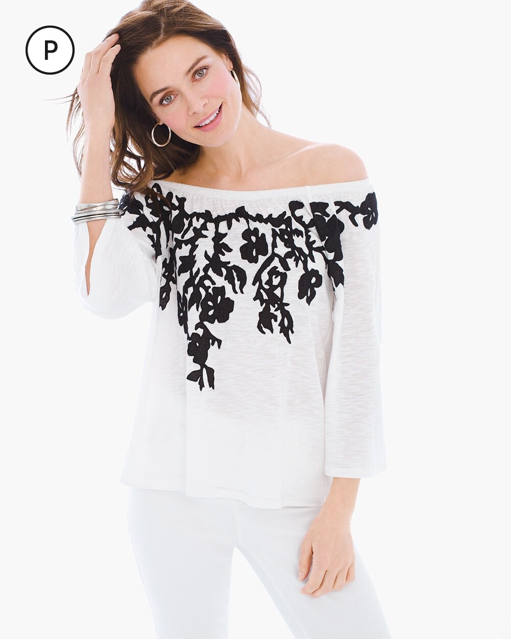 Petite Embroidered Flowers Off-the-Shoulder Top