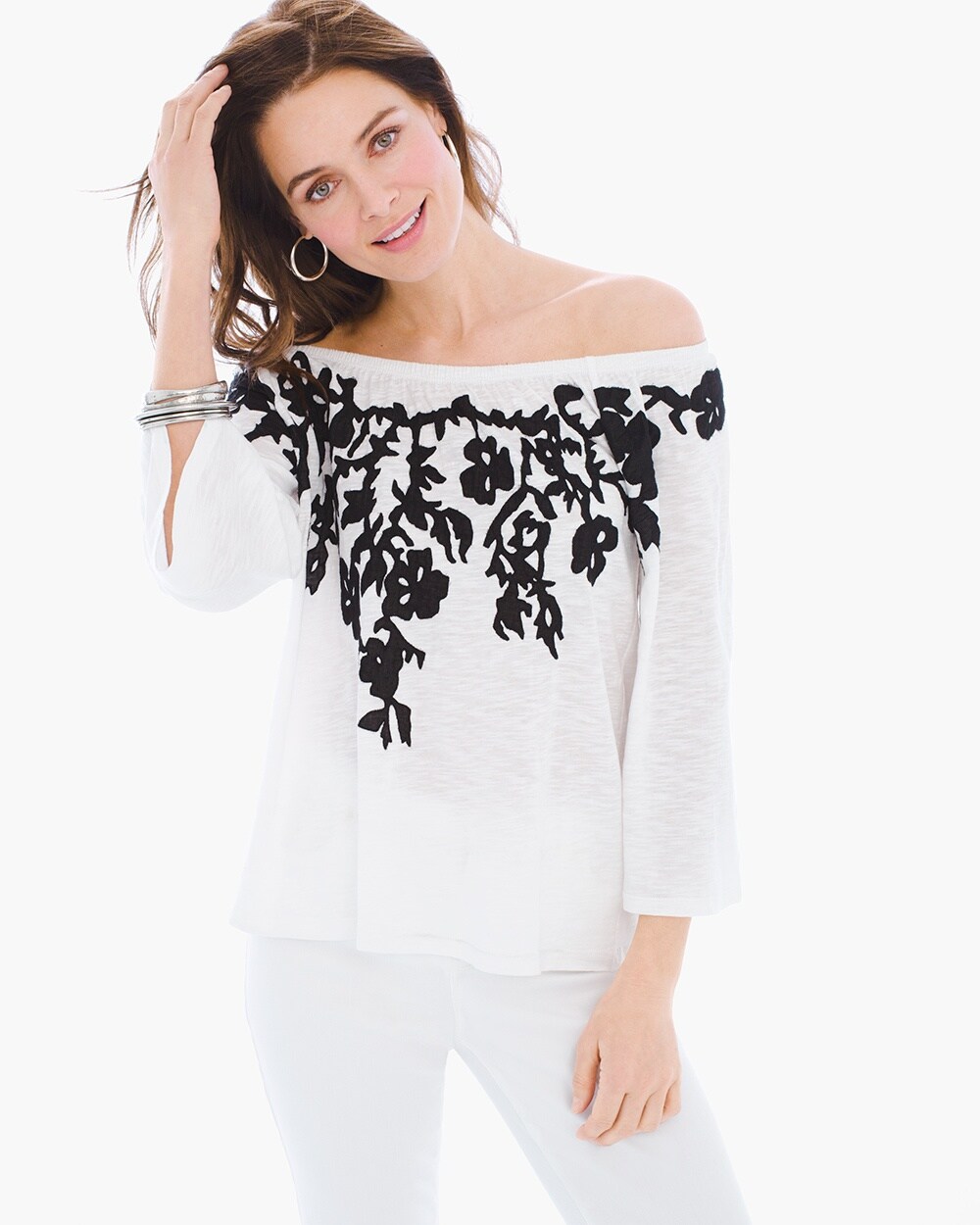 Embroidered Flowers Off-the-Shoulder Top
