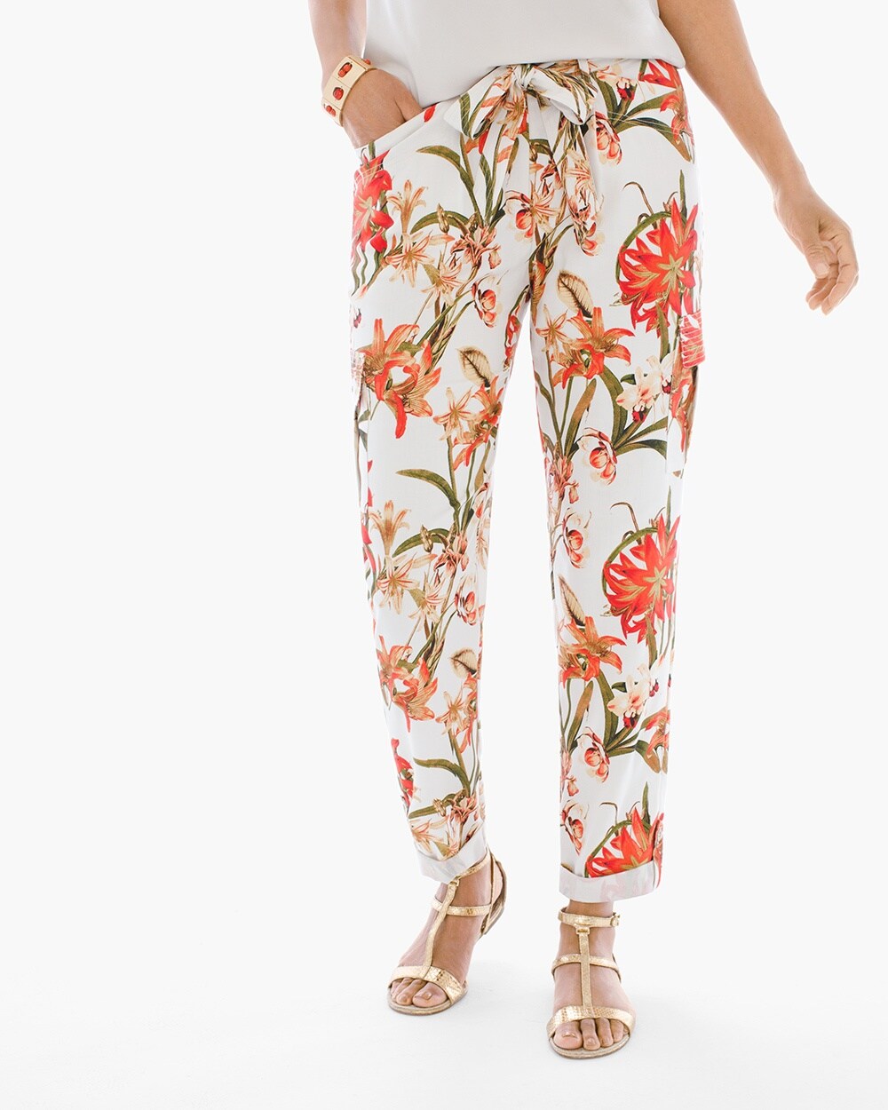 Textured Floral Utility Ankle Pants