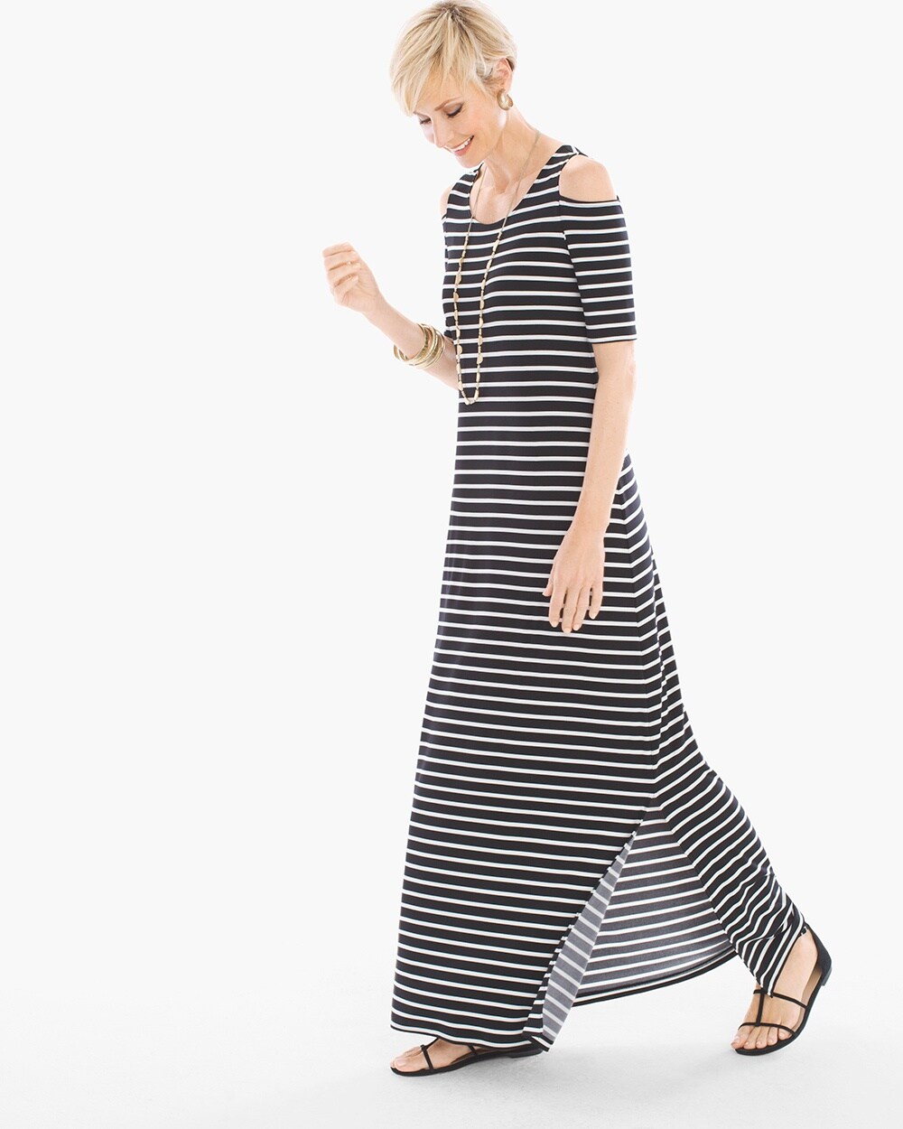 Cold-Shoulder Striped Maxi Dress