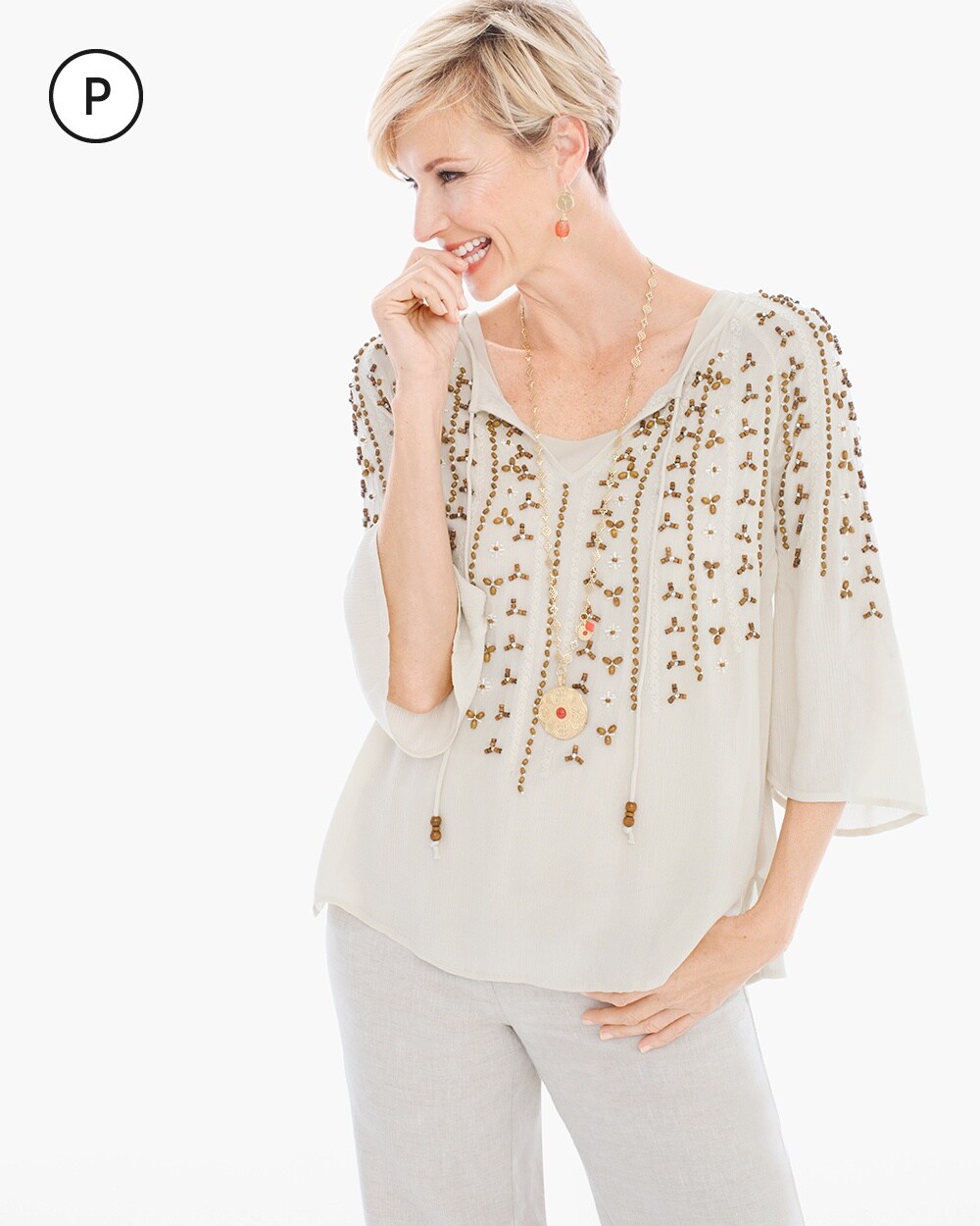 Petite Embroidered Peasant Top