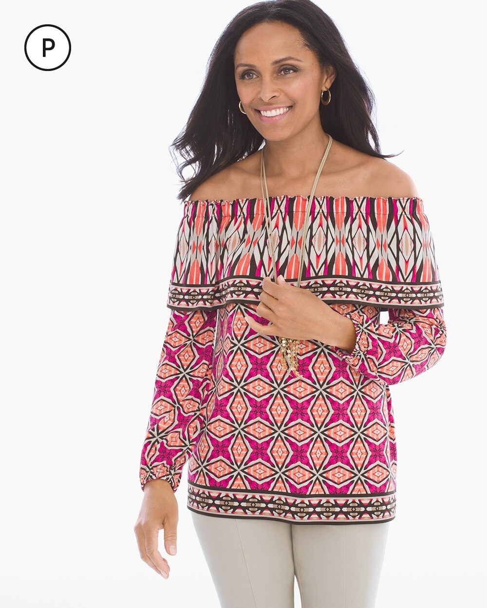Petite Ethnic Tempo Off-the-Shoulder Top
