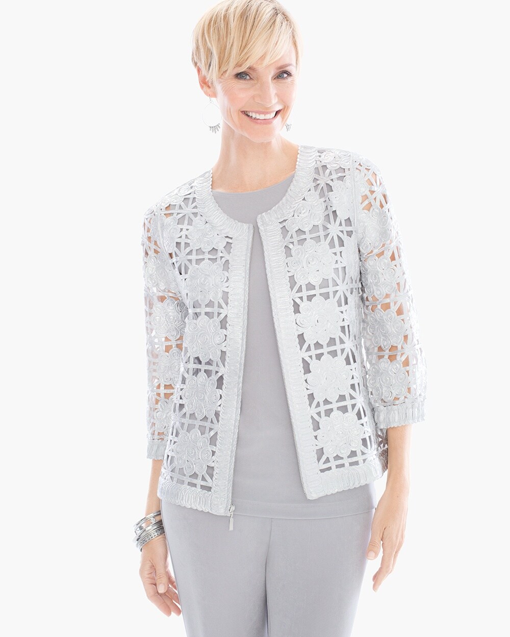 Travelers Collection Foiled Lace Bomber Jacket