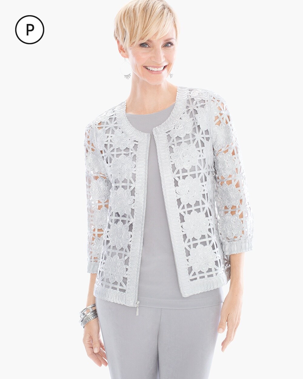 Travelers Collection Petite Foiled Lace Bomber Jacket