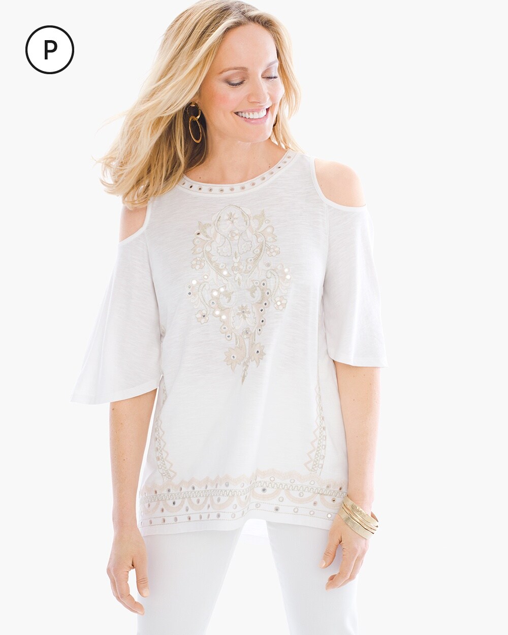 Petite Embroidered Flutter-Sleeve Top