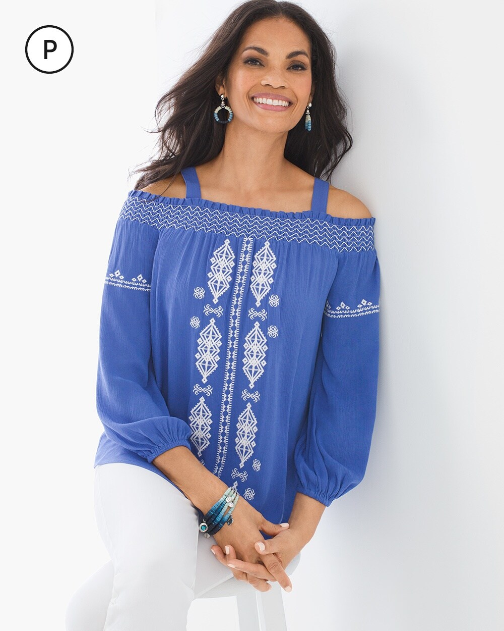 Petite Cold-Shoulder Embroidered Top