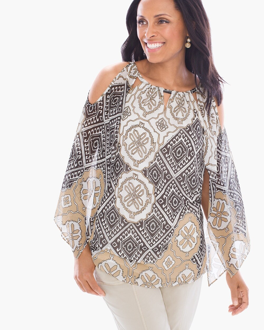 Eclectic Medallions Cold-Shoulder Tunic